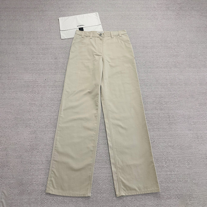 chanel beige twill multi pocket straight leg casual trousers